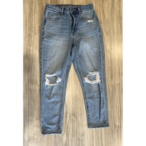 American Eagle AE  High-Rise Mom Jeans Busted Knees Medium‎ Wash Stretchy Size 0